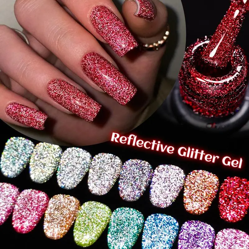 MTSSII 7ml Beginner Friendly, Easy to Apply, Flawless Finish Fluorescent Reflective UV Gel Nail Polish, Sparkly Glitter Gels Pink Rose Red Blue Green Neon Diamond Color Gel Polish, Suitable for DIY Nail Art Gel Varnish Manicure Nail Art Products