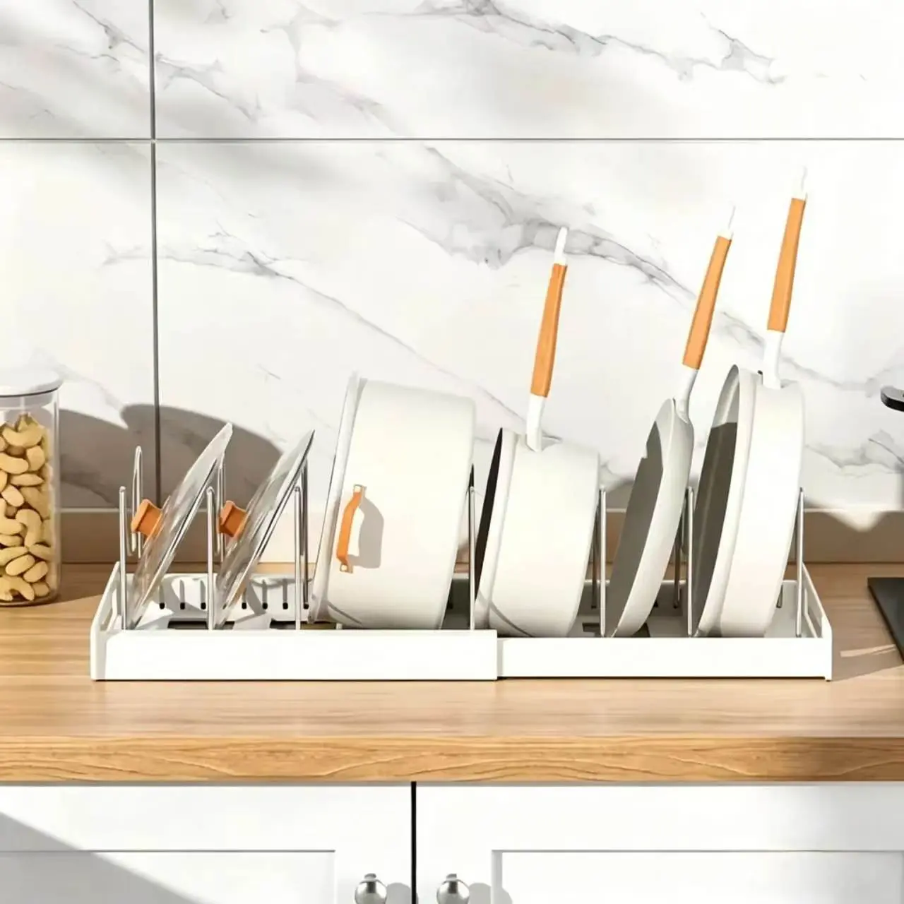 Multi-Functional Telescopic Kitchen Storage Rack -Expandable Kitchenware Storage Rack, Cabinet CookwareRack, 7-9 Adjustable Compartments and Pot Cover Brackets,Plate Storage Rack, Cabinet Storage Rack for Pots,Utensils, Lids, and Baking Utensils