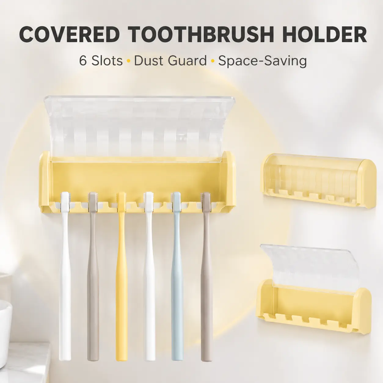 Wall-Mounted Toothbrush Holder with Cover, 6-Slot Self-Adhesive Organizer for Bathrooms, Shower Rooms (Available in 1, 2, 4 Units)