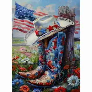 Patriotic Cowboy Boots & Hat Diamond Painting Kit, American Flag Western Art with Wildflowers, 5D Full Drill Round & Square Rhinestone Cross Stitch, Rustic Country Farm Scene, USA Themed Home Decor, Western Cowboy Lover DIY Craft Gift