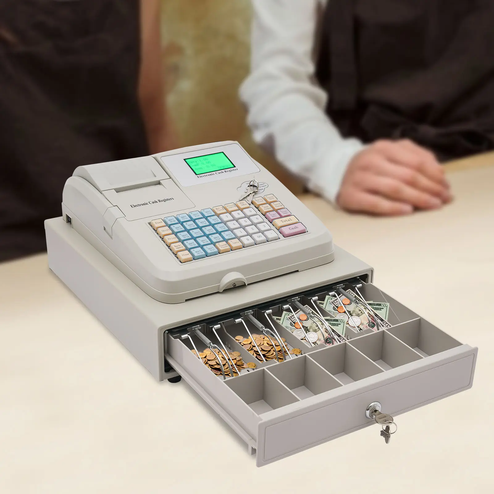 48-Key ABS Electronic Cash Register with Coin Drawer, POS Bill & Coin System, 1*Adapter, Stainless Steel Accents, Modern Design, Profit Analysis - Rapid Checkout, Simple Operation for Small Businesses (White), Clothing Stores, 1* Usb Interface, Pos System