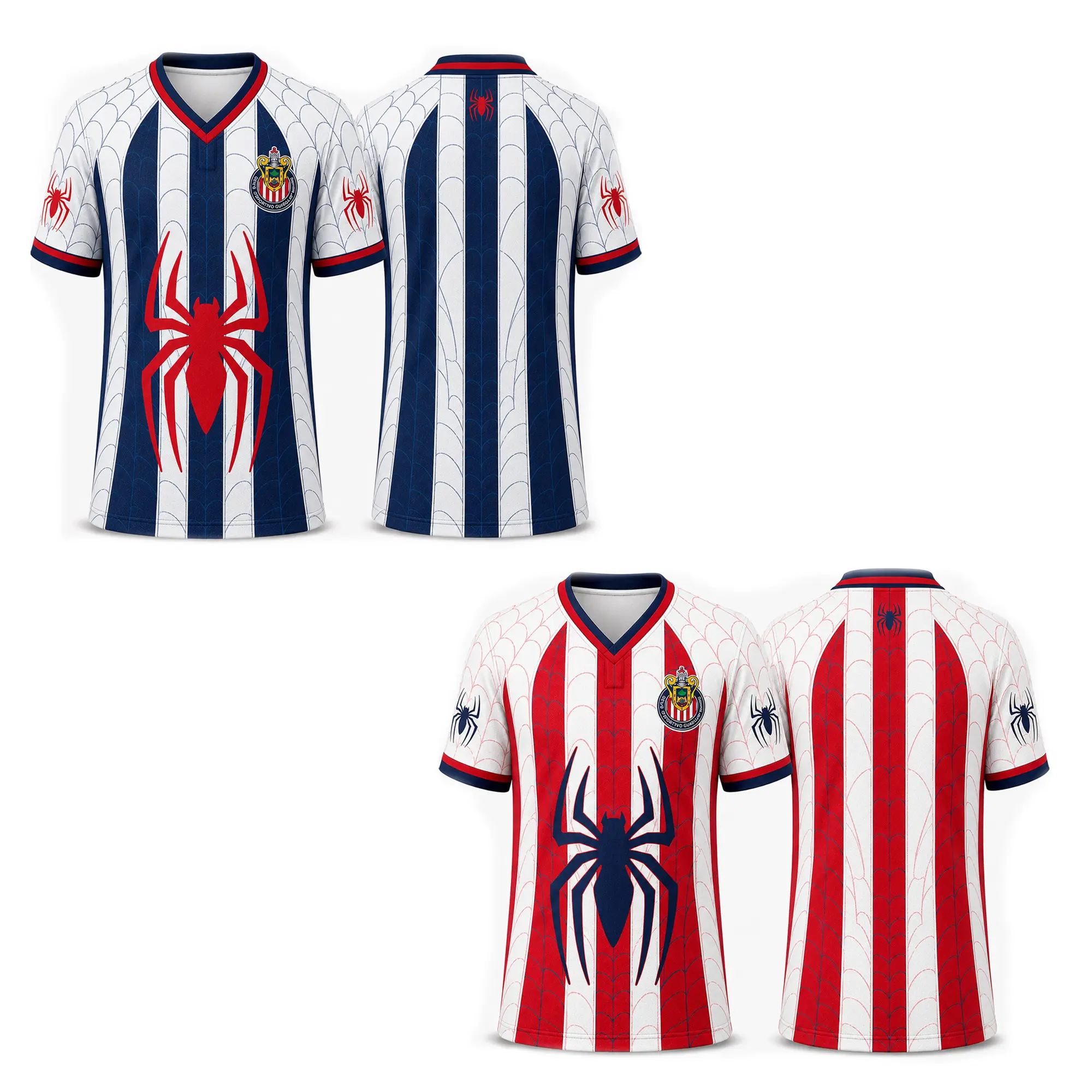 Men's Red Blue White Spider Web Soccer Jersey, All Over Print V-Neck Football Shirt, Spider Graphic Game Day Fan Sports Top, Short Sleeve Jersey