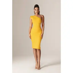 Madeline One Shoulder Ponte Midi Dress - Amber Yellow | Women's Sleeveless Bodycon Dress with Back Slit - Minimalist Outfit for Summer Parties, Weddings, Date Night & Evening Wear - Womenswear Fashion