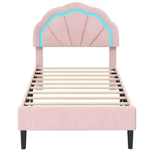 COSTWAY - Upholstered LED Bed Frame with Adjustable Flower Headboard and Metal Support Feet Pink-Twin Size