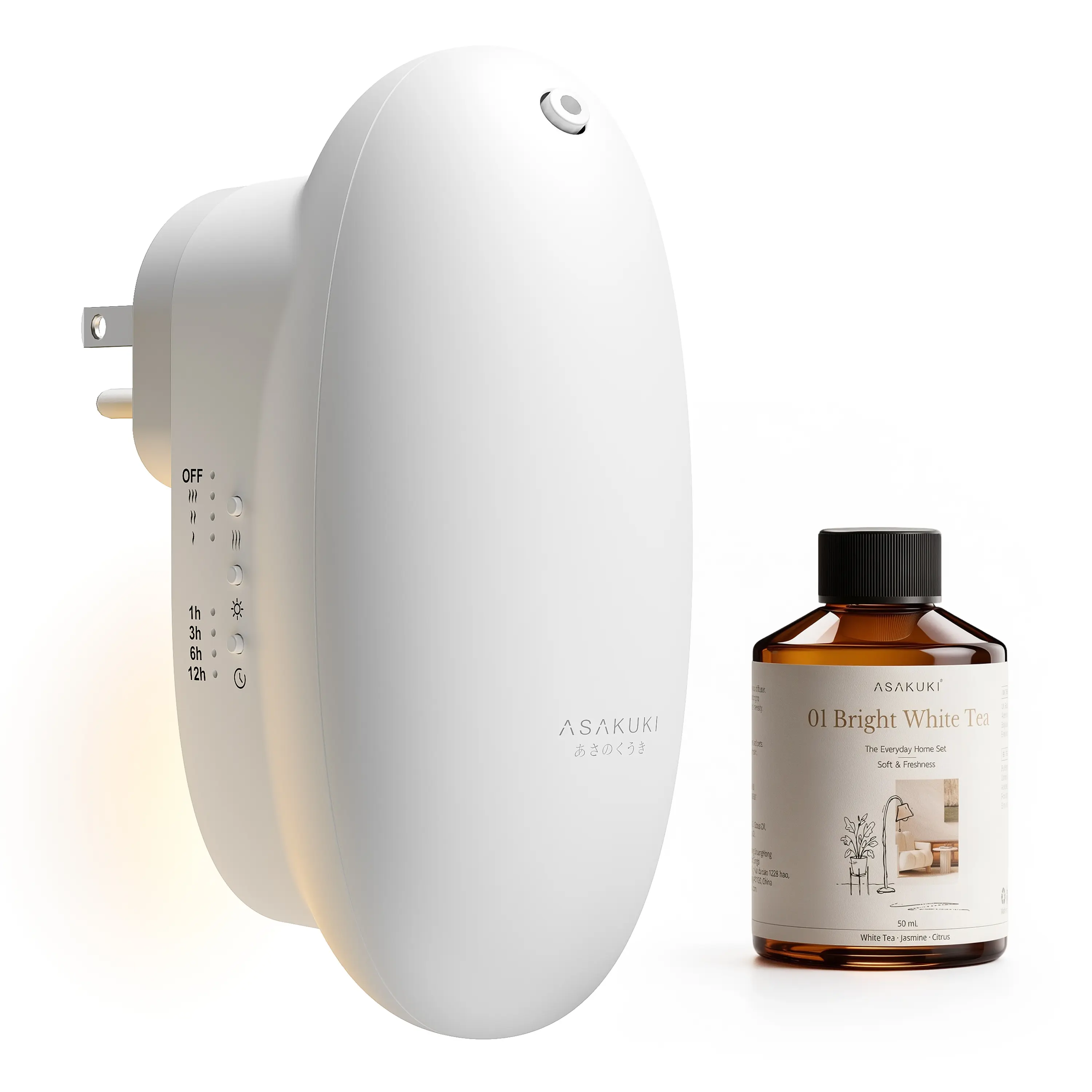 ASAKUKI Waterless Plug-in Essential Oil Diffuser, 50ml White Tea Oil Included, Egg-Shaped Compact Cold-Air Home Fragrance Diffuser for Scent Enhancement, Ideal Gift for Bedrooms, Offices