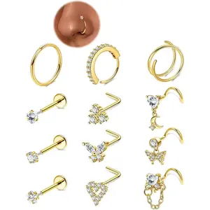 12 count 20G Nose Ring Set 316L Stainless Steel Nose Rings Hoop for Women CZ L Shaped Studs Dangle Heart Butterfly Screw Nose Studs Cute Threadless Flat  Nose Piercings