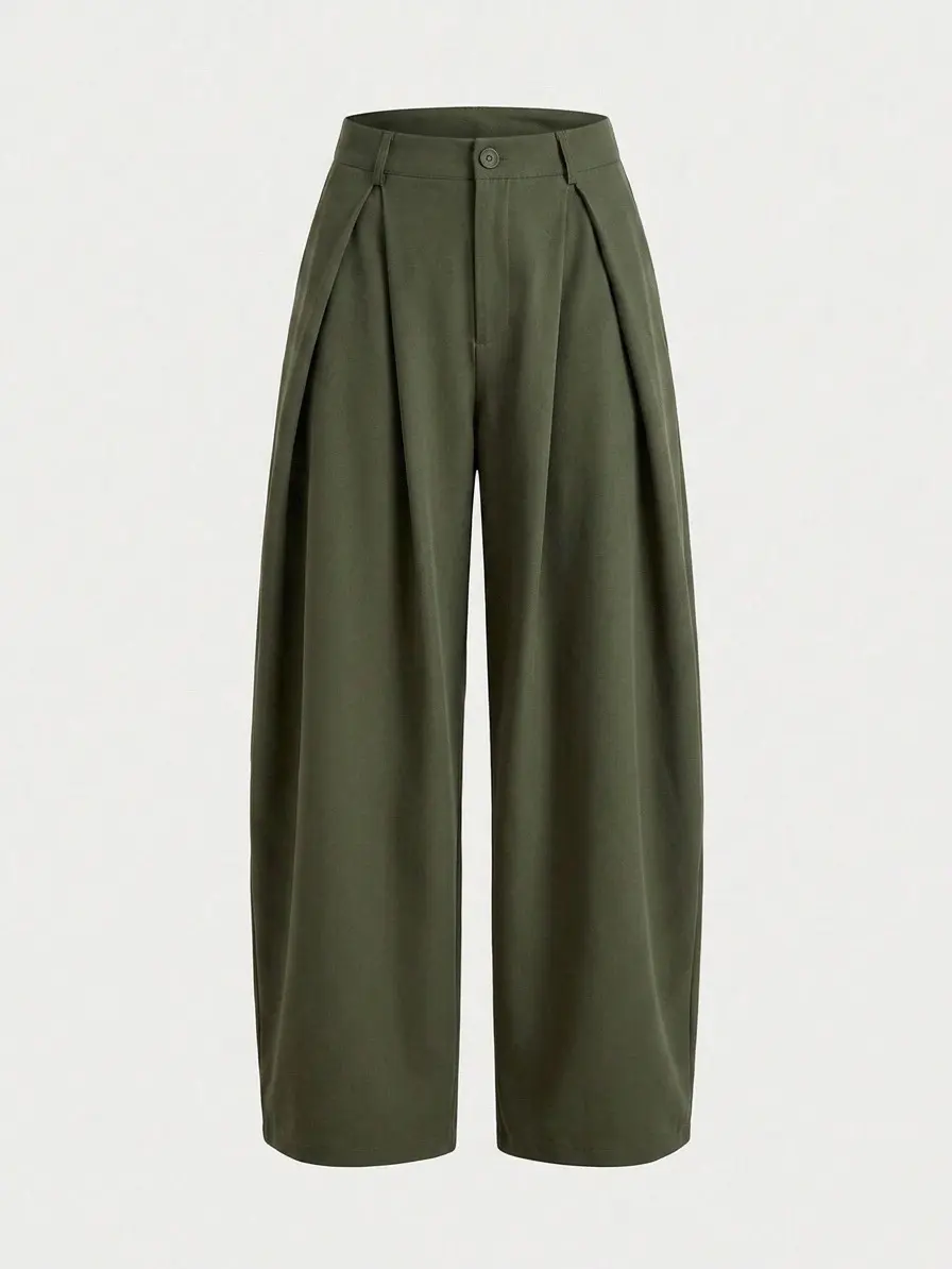 Barrel Pleated Oversized Wide Leg Cargo Pants, Streetwear Spring Outfits, Solid Color