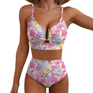 Aleumdr Floral High Waisted Bikini Set for Women – Sexy Two Piece Removable Pad Swimsuit with V Neck Adjustable Straps & Tummy Control Swimwear Swimming Beach