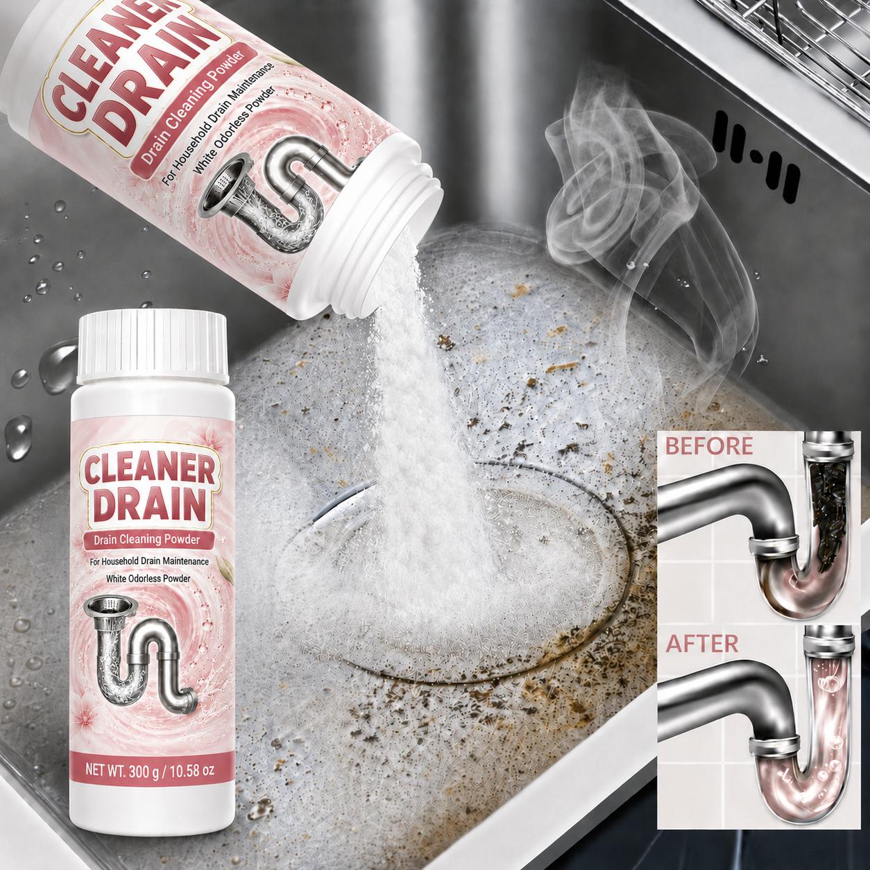 Drain Cleaner Powder 300g, White Powder Drain Unblocker for Kitchen Sink, Bathroom Drain, Shower Drain and Utility Pipes, Helps Break Down Hair, Soap Scum, Grease, Food Residue and Odors, Easy Home Drain Care