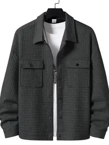 Men's Waffle Knit Button Front Shirt Jacket, Loose Fit Long Sleeve Outerwear with Pockets, Trendy Casual Fashion for Spring & Fall
