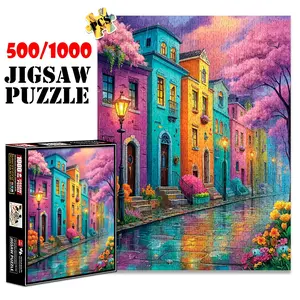 1pc 1000 piece adult puzzle 70x50cm Colorful Houses on a Rainy Street with Blooming Trees 500 pieces of paper jigsaw puzzle, suitable for adults and families, large-scale DIY puzzle interactive toy