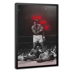 "Never Give Up" Muhammad Ali Iconic Boxing Wall Art Poster- Inspirational Sports Poster for Gym & Office Decor | Black Wood Frame, Wrapped Canvas, or Unframed