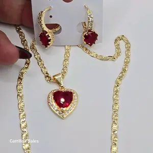 Red Heart's beautiful set chain with earrings hoops style gold-plated love design 24"inches