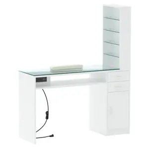 Naiyufa Manicure Table Nail Desk for Nail Tech with Glass Top, Power Outlets, 5-Tier Storage Shelves, Drawers, Cabinet & Wrist Rest, White