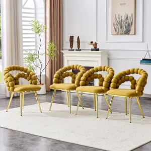 Velvet Dining Chair Set of 4 Puffy Bubble Chair Ball Chain Chair with Gold Legs, Modern Upholstered Accent Chairs for Dining Room & Kitchen