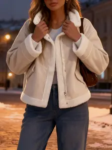 Women's casual loose fur coats, short lamb wool jackets, bomber jackets, flight jackets, with zipper closures, large lapels and side pocket designs, fashionable cold-resistant coats, street-style long-sleeved tops