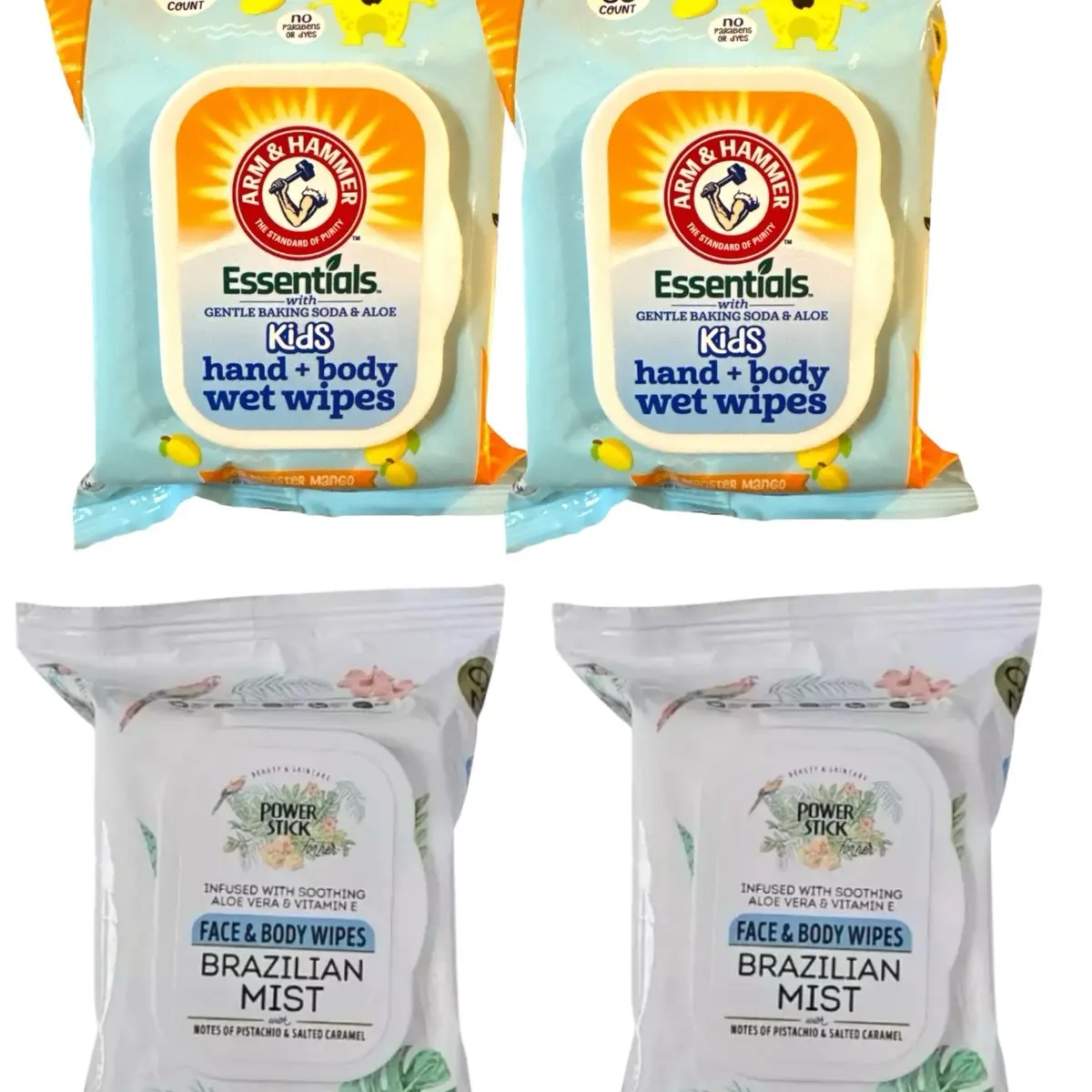 2x 30 Ct Face+Body Wipes - Brazilian Mist with Pistachio and Salted Caramel Notes, Infused with Aloe Vera and Vitamin E/ 2x30 Ct Essential hand and body, wet wipes with gentle baking soda and aloe-Body Care