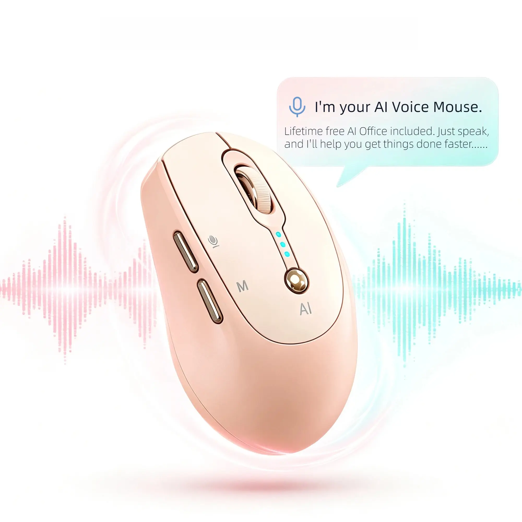 Pink AI Voice Mouse with Lifetime Free AI Office Tools, Smart Wireless Mouse with AI Writing, Voice Typing, Translation, One-Click AI Assistant, Custom M Key, 2.4G Wireless + Bluetooth Rechargeable Mouse for Aesthetic Desk Setup, Study and Work