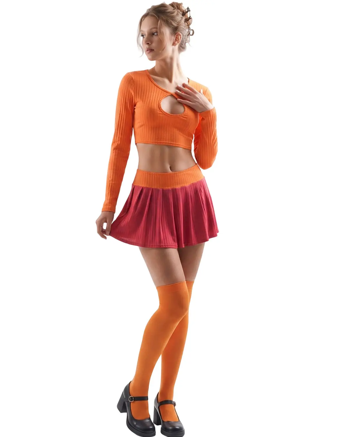 LIQUCY Halloween Costume Sets for Women Long Sleeve Hollowed Crop Top Mini Skirt with Stockings 3Pcs Cosplay Party Outfits