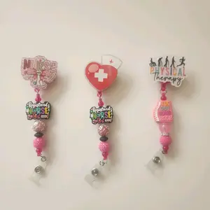 Beaded Badge Reels for Nurses and Physical Therapy - Pink Beads, Heart Design, and "Registered Nurse"