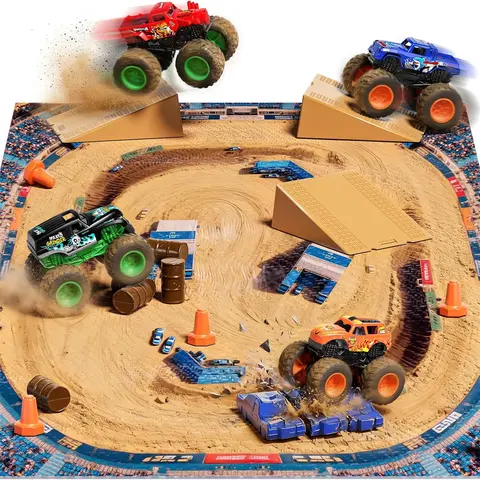 27pcs Monster Truck with Arena Playmat & Interchangeable Car Shells, 1:64 Mini Toy Trucks with Ramps & Barrels, DIY Racing Game Birthday Gifts
