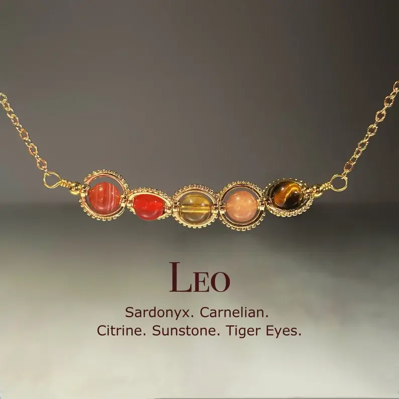 Handmade Leo Crystal Necklace, Zodiac Choker, Carnelian, Sunstone, Tiger Eye, Sardonyx, Citrine, Natural Astrology Sign Jewelry, Birthday