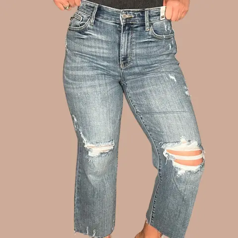 Judy Blue High-Rise Wide Leg Distressed Cropped Jeans
