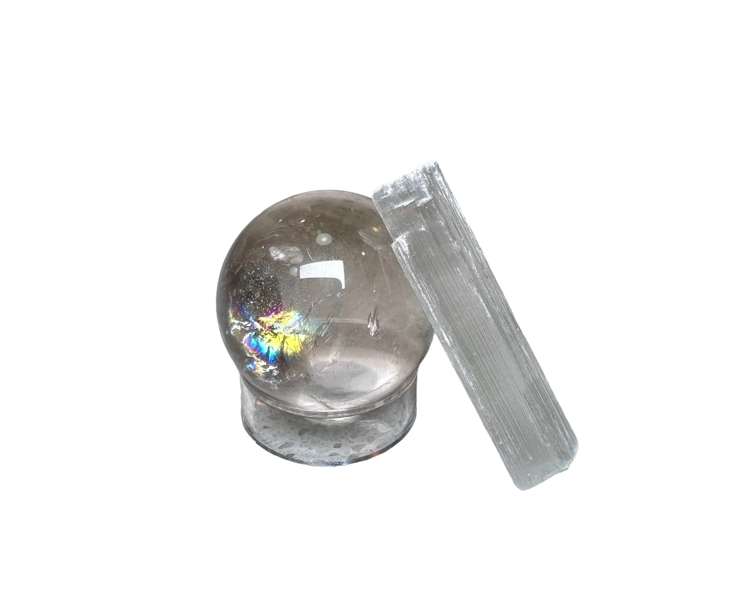Rainbow Clear Quartz Sphere with acrylic stand and Selenite for Energy Cleansing and Metaphysical Healing, Home Decor, Gift Set including informational cards