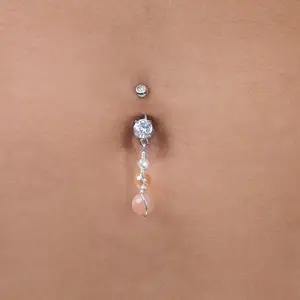 Peach Moonstone Wire-Wrapped Crystal Handmade Belly Ring