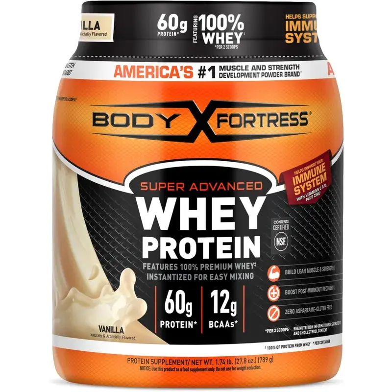 Body Fortress Super Advanced Whey Protein Powder, Vanilla, Immune Support (1), Vitamins C & D Plus Zinc, 1.74 lbs