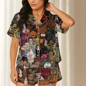 Retro Horror Halloween Short Satin Pajama Set for Women, Ghost Pumpkin Spooky Movie Print Sleepwear, Silky Button Up Pajama Shorts, Gift for Her