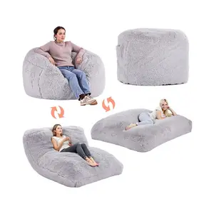 Grey Full-Size Convertible Plush Foam Bean Bag Chair Bed (48x48x30in) - Plush Fabric Lounge Seat, Washable Cover, Side Pocket Bean Bag Couch for Adults