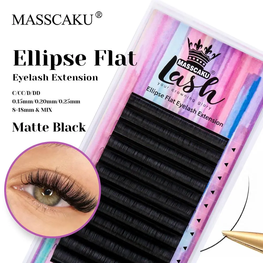 MASSCAKU 8-18mm and Mix Length Korean PBT Fiber Ellipse Flat Lashes Matte Black Double Split Tips Shaped Eyelashes Makeup Tools 2026 New