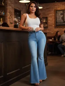 Women’s Plus Size High Waisted Bell Bottom Jeans, Light Wash Stretch Flare Denim Pants, Casual Raw Hem Bootcut Trousers
