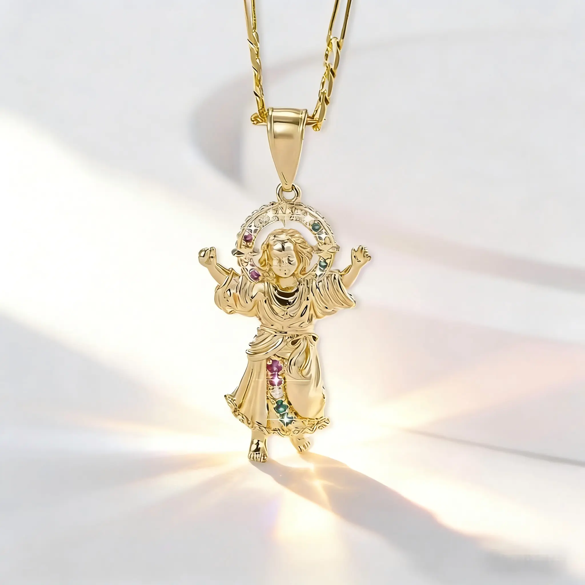 Halo Divino Niño Divine Child Jesus Pendant Necklace 18K PVD Gold Plated Figaro Chain 316 Stainless Steel Hypoallergenic Low Sensitivity Waterproof Non Tarnish Old Money Latin Catholic Unisex Protection Faith Statement Religious Jewelry Gift For Men Women