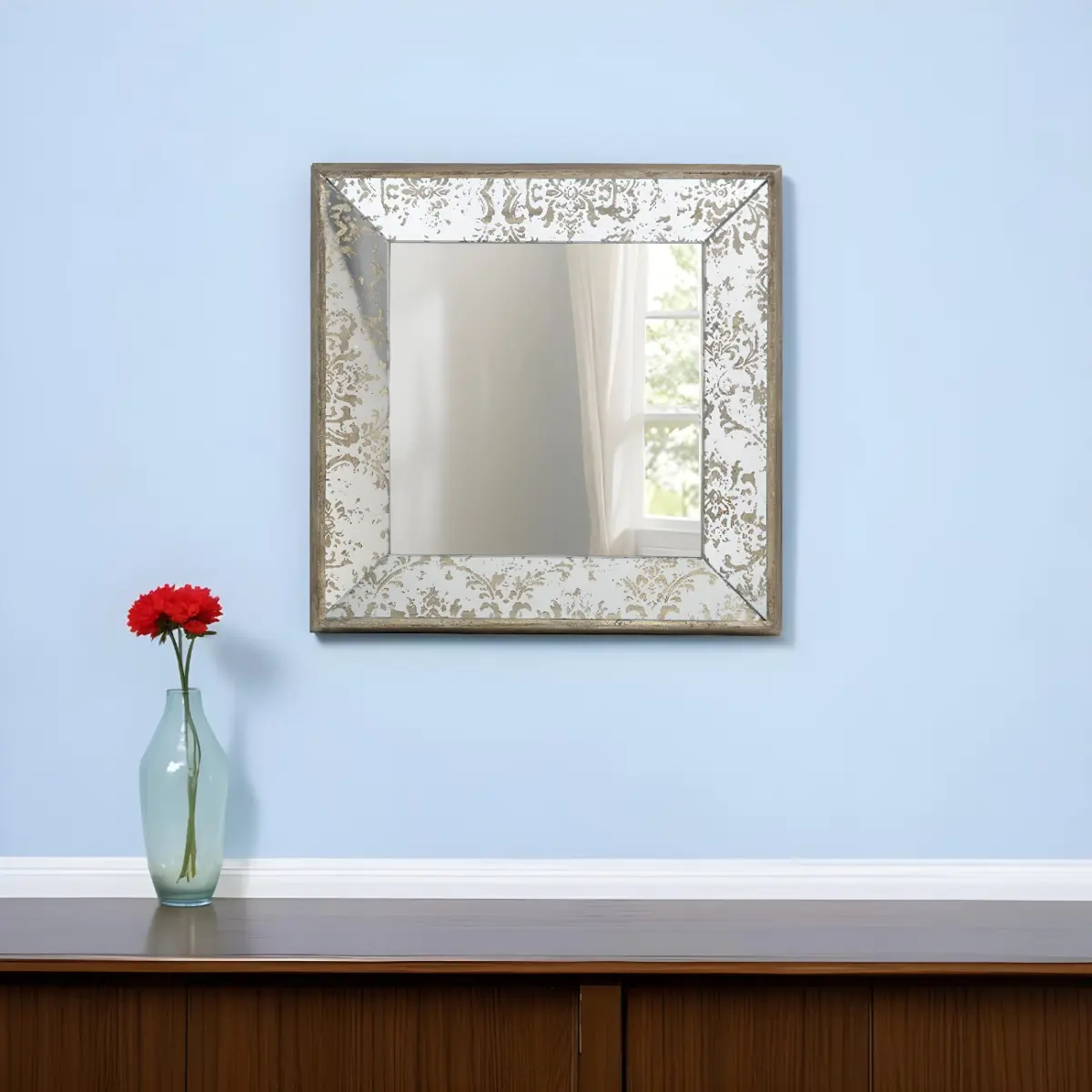 360 Stand 15 in. Brown Geometric Square Framed Antiqued Damask Glass Accent Mirror, Wood, Traditional Home Decor, Mountable Hanging Home Supply