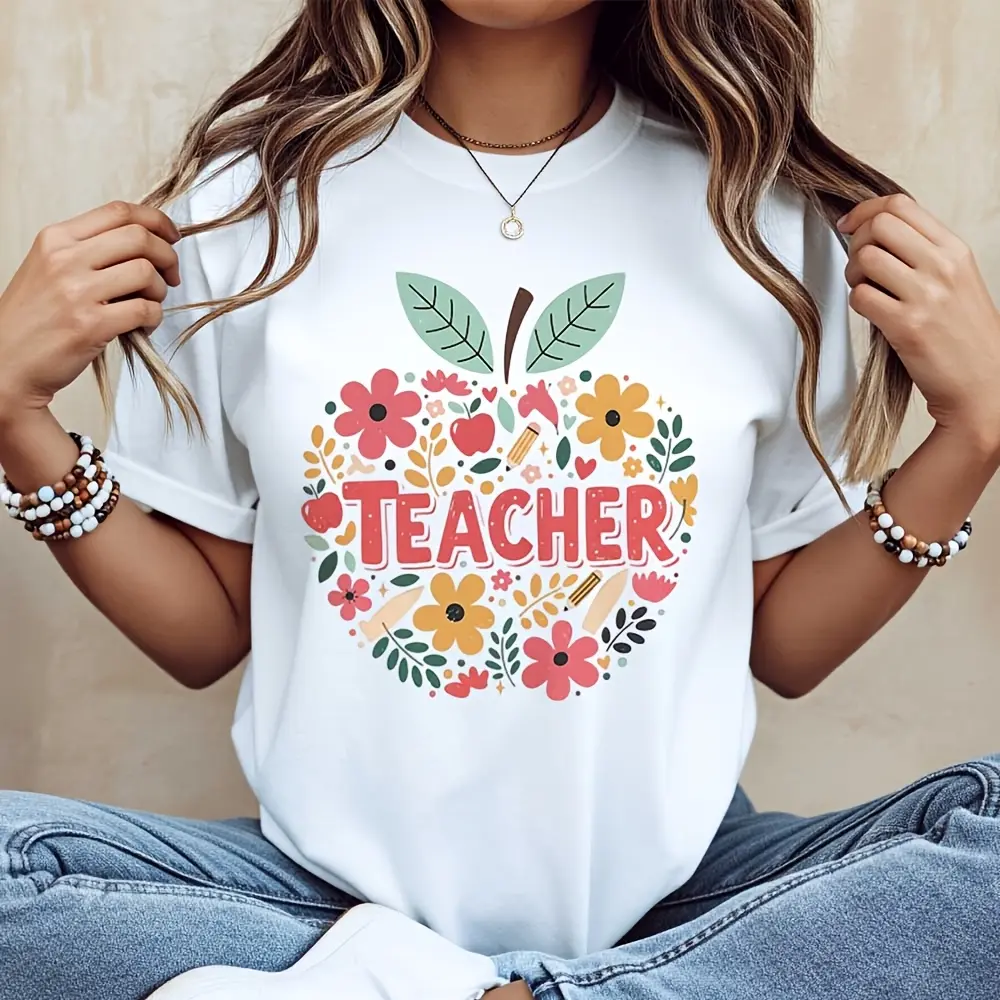 Floral Apple Teacher Print T-Shirt, Back To School Gift For Women, Casual Daily Wear