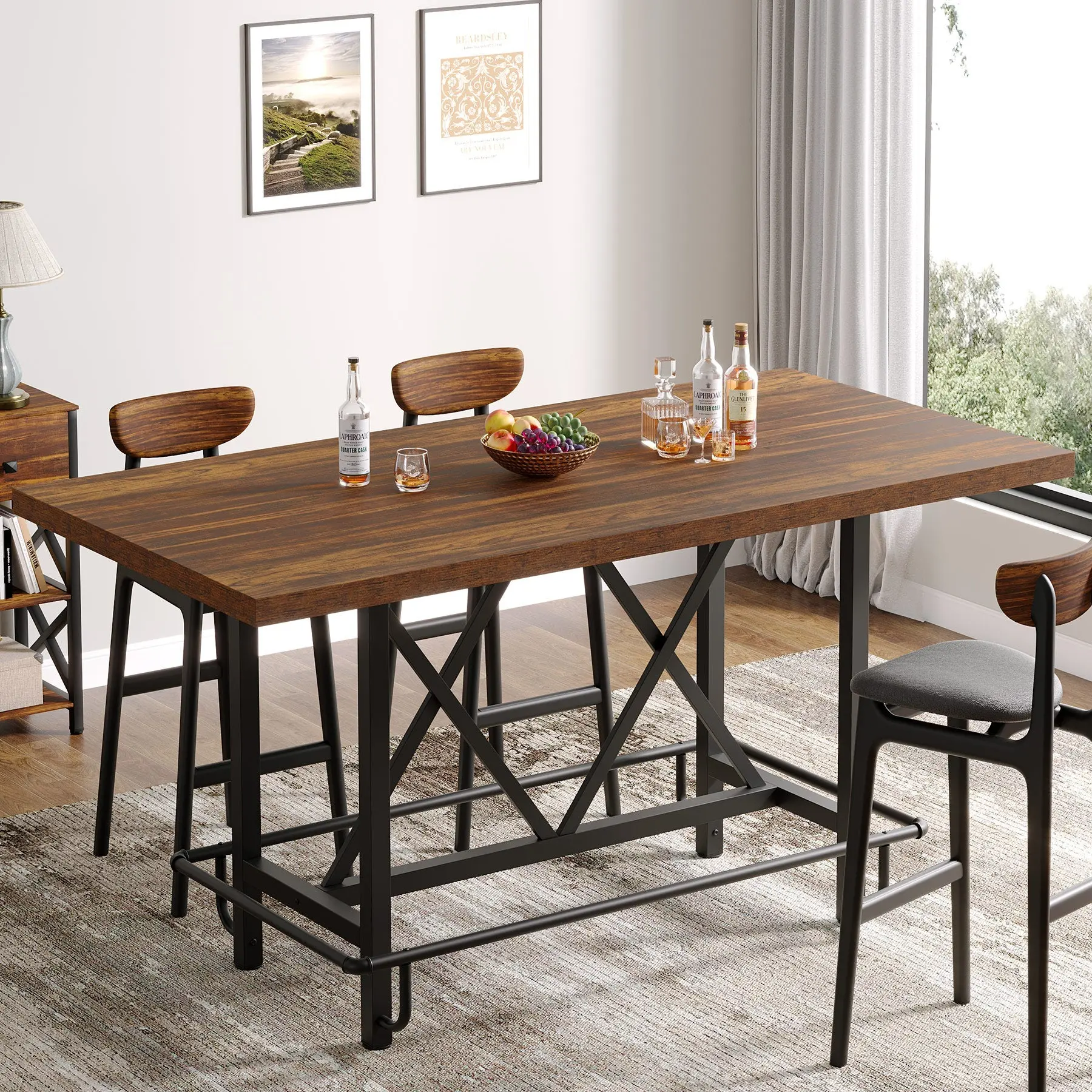 Spaco Industrial Bar Table - 63-Inch Counter Height Pub Table with Metal Footrest & Frame, Rectangular Wood Top Dining Table for Home Bar & Kitchen