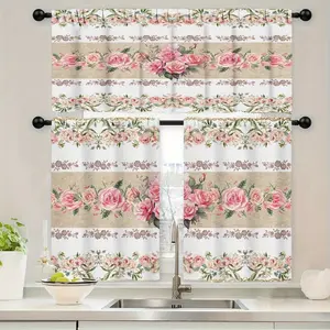 SoftHaven Home Made in USA 3 Piece Kitchen Curtain Set, Pink Rose Floral Print, Rod Pocket Valance & 2 Tiers Design, Durable Polyester, Elegant Home Decor for Kitchen, Cafe, Living Room & Bedroom