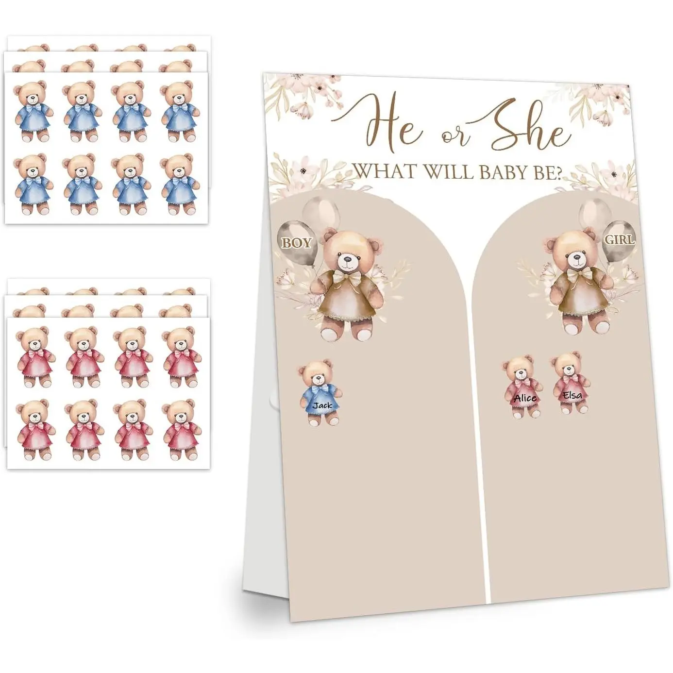 Gender Reveal Party Games, Bear Theme Baby Gender Reveal Voting Board Sign, 48 Boys Girls Bear Voting Stickers, He or She, Baby Gender Reveal Party Decorations Games for Boy or Girl Shower