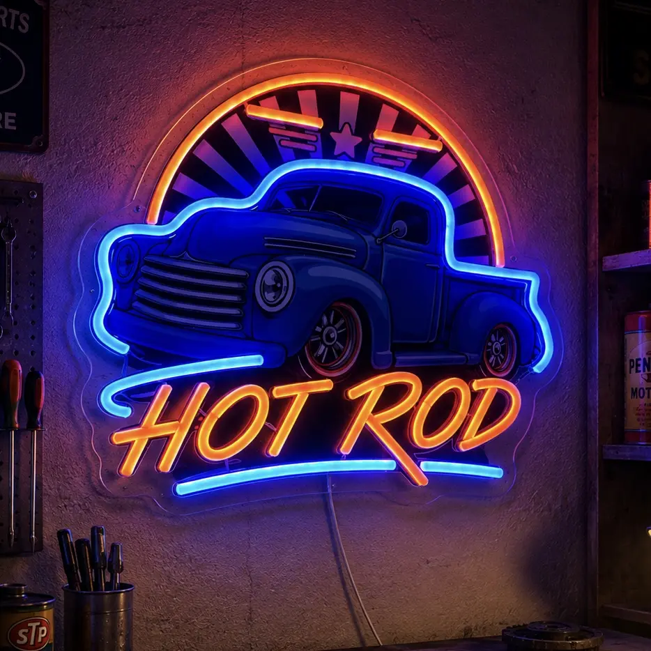 Hot Rod Vintage Car LED Light Sign, Retro Truck Wall Decor for Garage, Man Cave, Bar, Auto Shop, USB Powered