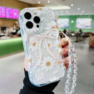Flower Pattern Smartphone Case with Beaded Lanyard, Decorative Protective Phone Protector Cover, Phone Accessories Compatible with iPhone 11 12 13 14 15 16 Pro Max