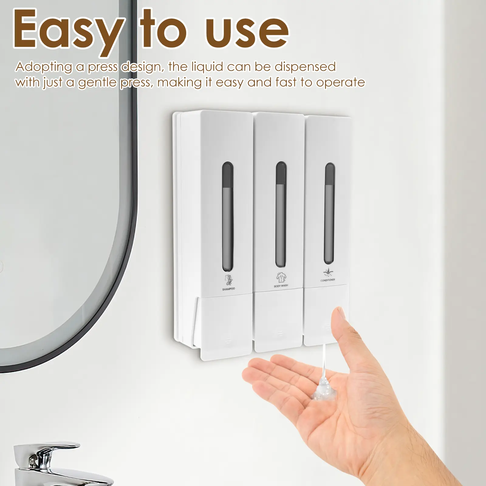 3 Chamber Shower Soap Dispenser 400ml Wall Shampoo Dispenser Wall Mounted Conditioner Dispenser Practical Shampoo and Conditioner Dispenser Visual Body Wash Dispenser,White