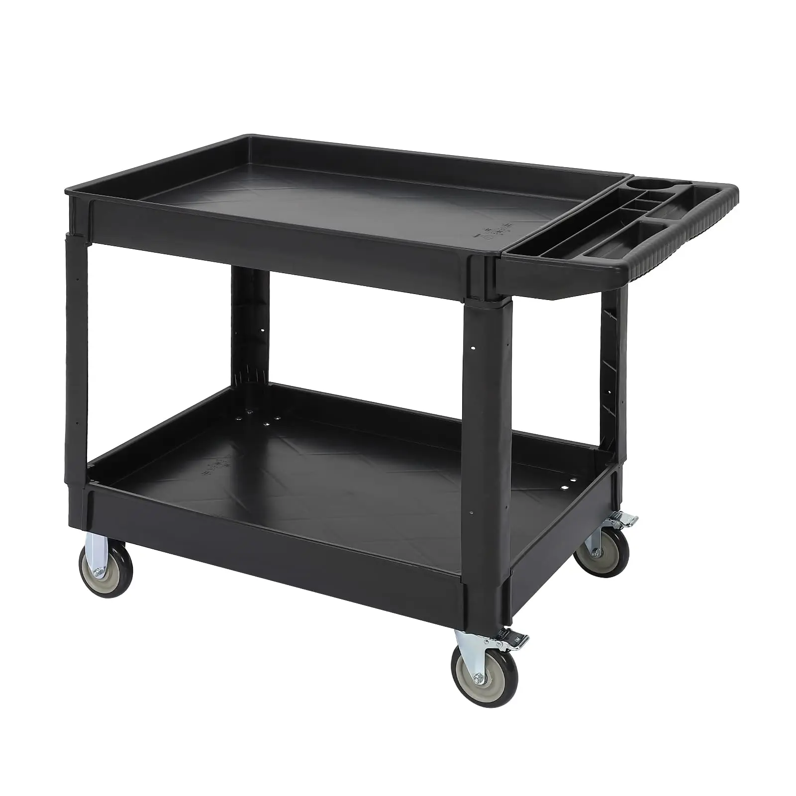 Garvee Heavy-Duty 2-Layer Plastic Utility Service Cart, 500 Lbs Capacity, 45x25" Black Polypropylene Organizer with Cup+Tool Storage Compartment Racks, Swivel Wheels, Easy Installation for Warehouse, Garage, Above 25 Kg