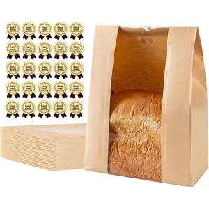 Bread Bags for Homemade Roti, 25 Pack Paper(Kraft) Bread Bag with Clear Window Includes Label Seal Stickers, Large Storage/Bakery Packaging Pouch for Cookies & Treats
