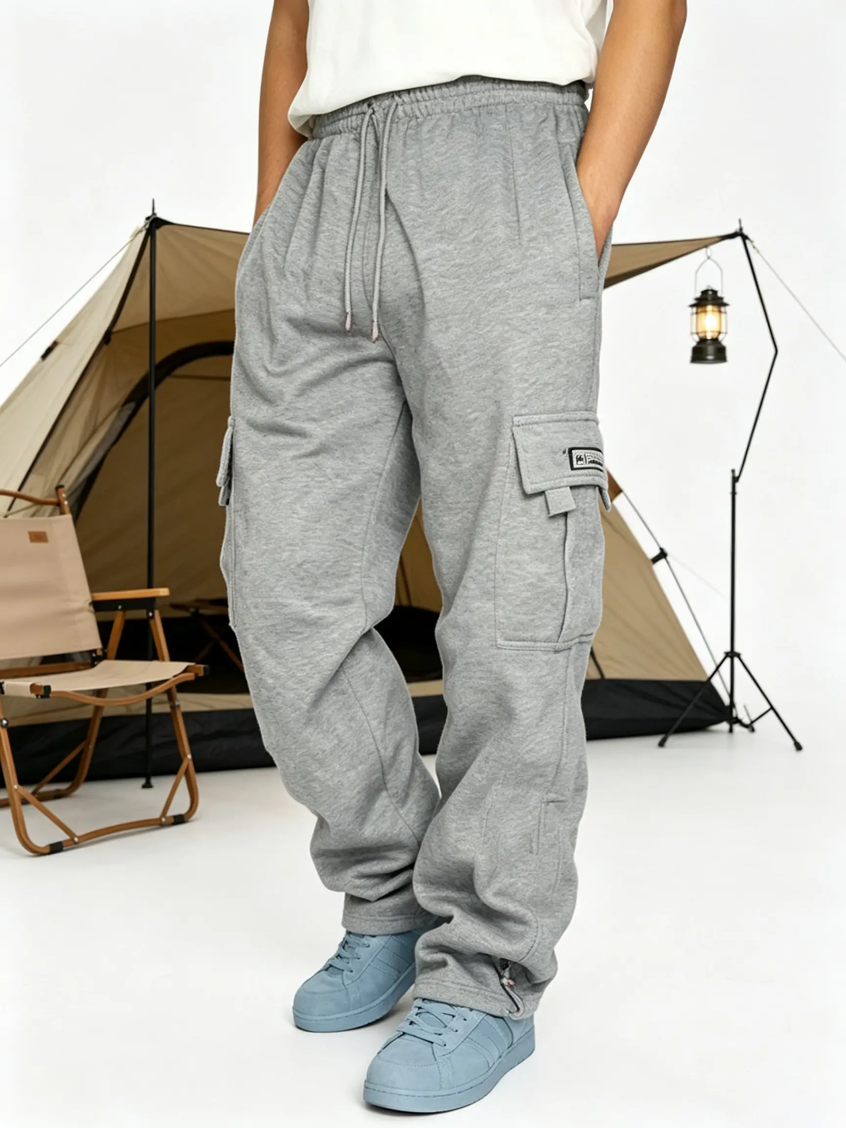Men's Cargo Fleece Sweatpants - Loose-Fit Open Bottom Casual Athletic Pants with Pockets, 100% Polyester Soft Stretch Fabric, Machine Washable