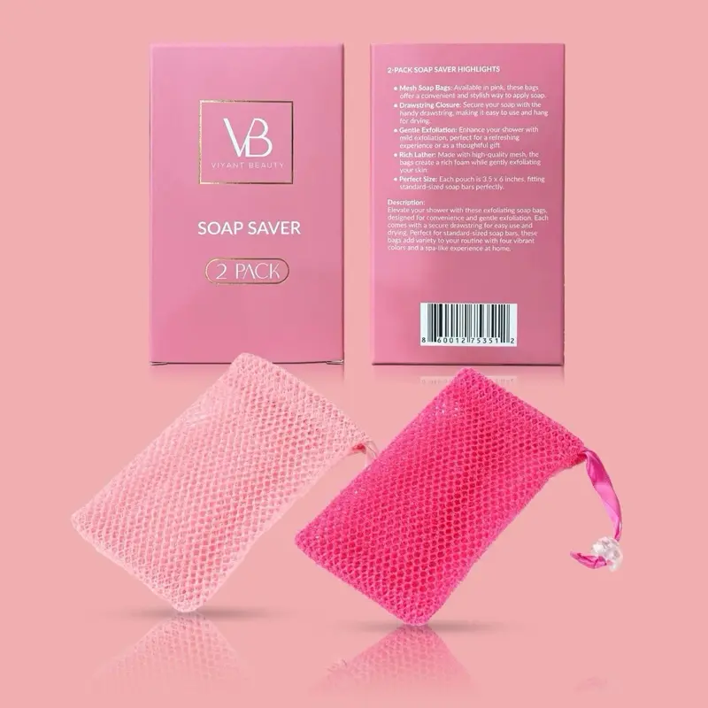 Vibrant Beauty SOAP SAVERS 2 Pack - Pink Mesh Bags for Exfoliating and Saver - Perfect for Cleansing - Enhance Your Shower