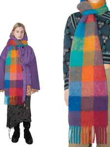 Women's Winter Warm Scarf, Plaid Colorblock Alpaca Wool Imitation Cashmere Shawl, Large Size Fall & Winter Accessory, Casual Soft Scarf