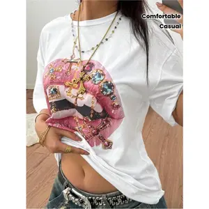 Jeweled Lips Cross Graphic Tee Women Oversized Crewneck Short Sleeve Y2k Streetwear Soft Cotton Casual Summer Top Trendy Going Out Shirt