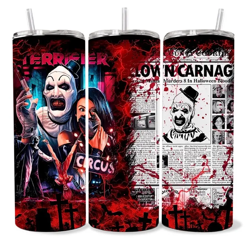 Terrifier 20 oz Tumbler - BPA Free, Stainless Steel, Leak Proof, Clear Lid, Includes Straw